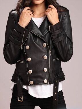 Danier Black Leather Double-Breasted Moto Jacket with Gold Buttons